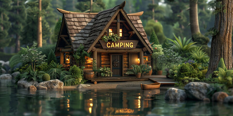 Fototapeta premium Log Cabin with inscription CAMPING in forest near the lake and boat.