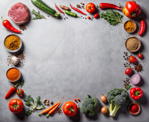 Assorted fresh vegetables and herbs arranged in a frame on a (gray background, including tomatoes, peppers, broccoli, carrots, and various spices)