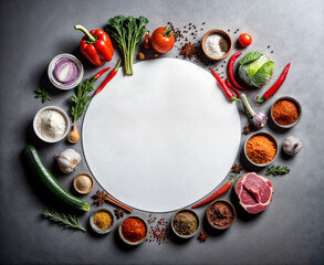 Assorted fresh vegetables and spices arranged in a circle around a white plate, including tomatoes, bell peppers, broccoli, onions, garlic, chili peppers, and various herbs