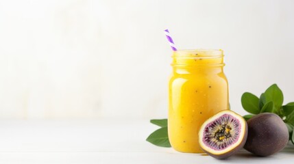 Fresh passion fruit smoothie in a mason jar with a straw and leaves. Healthy tropical drink on a light background.