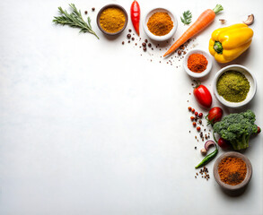 Various spices, herbs, and vegetables arranged on a white background, creating a frame-like composition with empty space in the center