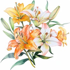 Watercolor illustration of orange, yellow, and white lilies with green leaves on a white background.