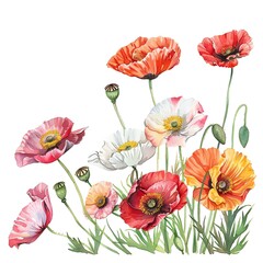 Obraz premium Beautiful watercolor illustration of vibrant poppies in various colors, perfect for floral designs and nature-themed artwork.