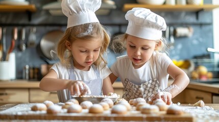 Little chefs baking cookies together in a bright, minimal kitchen