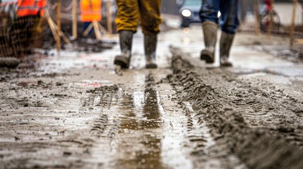 The ground is soaked from days of heavy rain making it difficult to pour concrete and causing delays in the construction process.