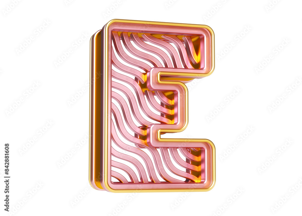 Poster pink gold metallic letters character e with wavy line pattern. premium 3d typeface great for headers