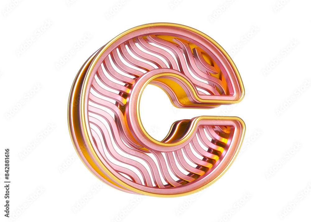 Poster rose gold alphabet letter c with wavy line pattern. premium 3d typeface great for headers, posters, 