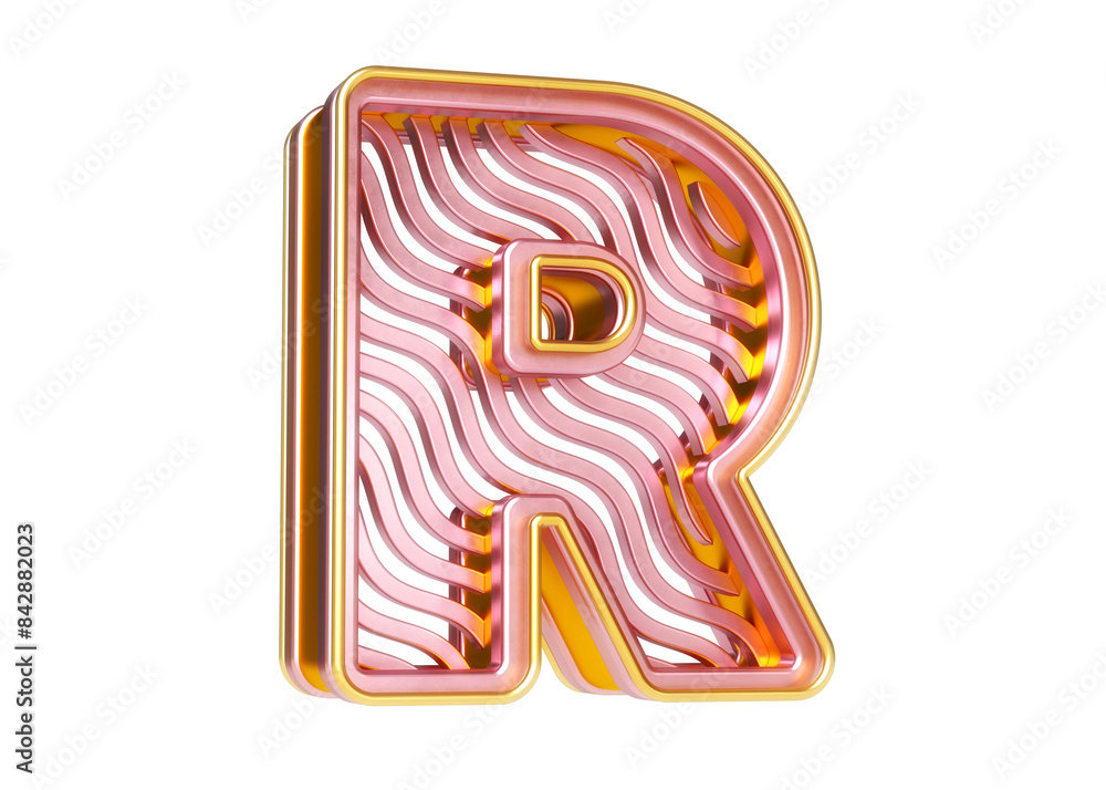 Poster rose gold alphabet letter r with a wavy line pattern. high-resolution and realistic fonts, great for