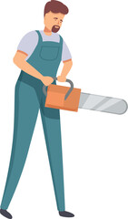 Lumberjack wearing green overalls holding chainsaw preparing to cut wood illustration