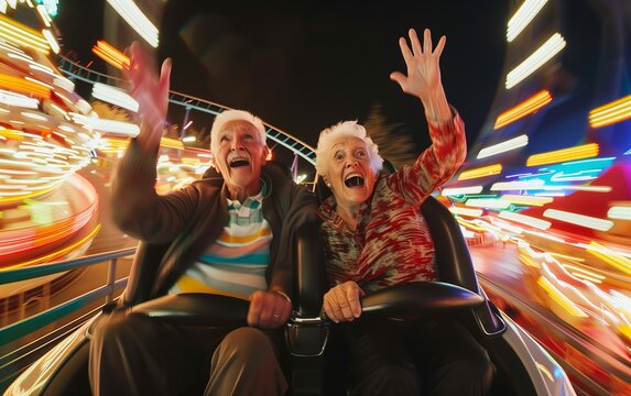 Senior couple enjoying a fast roller coaster ride at theme park