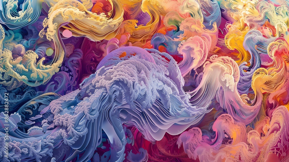 Poster vivid histone abstract digital art with fluid shapes and colorful swirls, creating a dynamic, energe