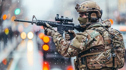 Futuristic female soldier aiming with rifle in advanced interface for precision targeting