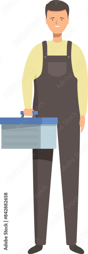 Poster smiling handyman holding a toolbox wearing overalls and smiling at the camera