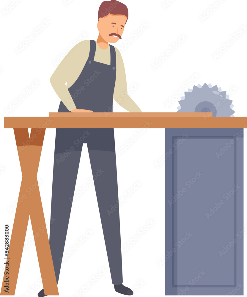 Poster carpenter wearing overalls working wood using circular saw standing at table in workshop