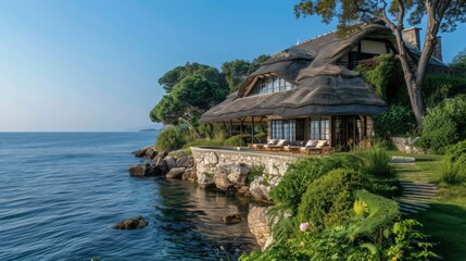 Fototapeta premium A traditional sea house with a thatched roof, wooden exterior, and serene coastal surroundings