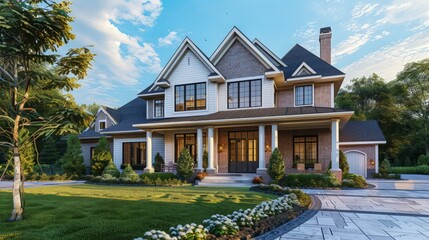 A traditional house design with classic architectural elements, a welcoming entryway, and a manicured lawn