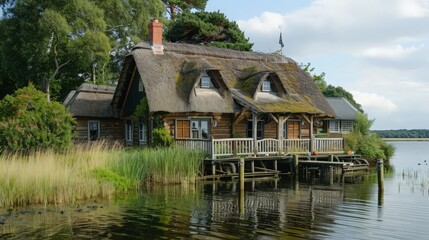 Obraz premium A traditional sea house with a thatched roof, wooden exterior, and serene coastal surroundings