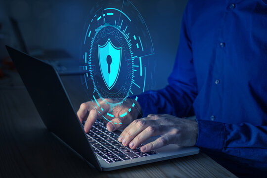 Secure access and online data protection. Data privacy and cyber security on internet for email, credit card. Data encryption with password. Person using protected connection on computer.