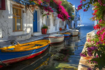 Obraz premium Greek harbor with whitewashed buildings, colorful fishing boats moored by the pier, clear blue waters reflecting the vibrant scene