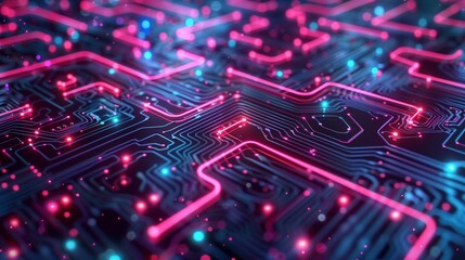 Obraz premium Complex maze with neon pink and blue highlights on a circuit board, symbolizing digital innovation and technology, Futuristic, Digital Art, Bright Neon, Detailed 8K , high-resolution, ultra HD,up32K H