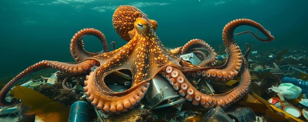 Obraz premium An octopus navigating through underwater rubbish, highlighting the impact of environmental pollution, isolated against a deep ocean background, copy space
