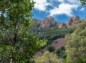 Massif de l'Esterel, a volcanic mountain range on the Mediterranean Sea coast on the French Riviera, located near Cannes on the east and Saint-Rafael on the west, France