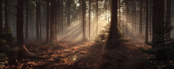 Sunlight filtering through dense forest at dawn, serene nature landscape concept