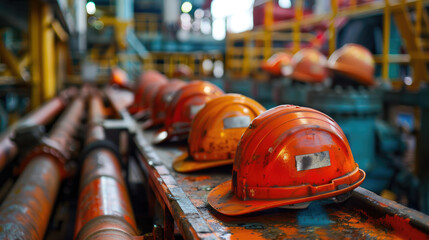 Fototapeta premium Well-Arranged Safety Gear on Oil Rig Showcasing Industry's Focus on Worker Safety