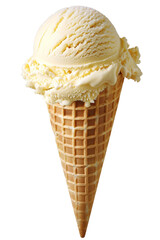 Delicious vanilla ice cream cone with a crunchy waffle cone, isolated on a white background, perfect for summer treats and desserts, transparent background