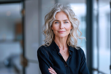 Blonde senior business woman in formal shirt, smile in modern office