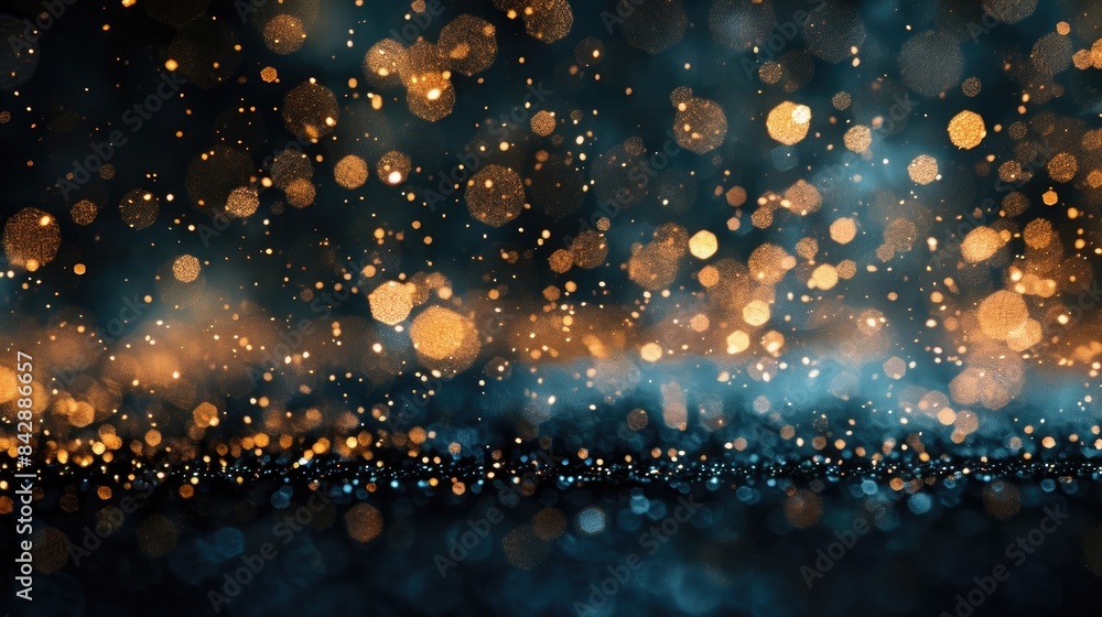 Wall mural background of abstract glitter lights. blue, gold and black. de focused. banner