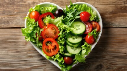 Fresh mixed salad in a heart-shaped bowl, featuring lettuce, cherry tomatoes, cucumbers, and bell peppers, on a wooden table