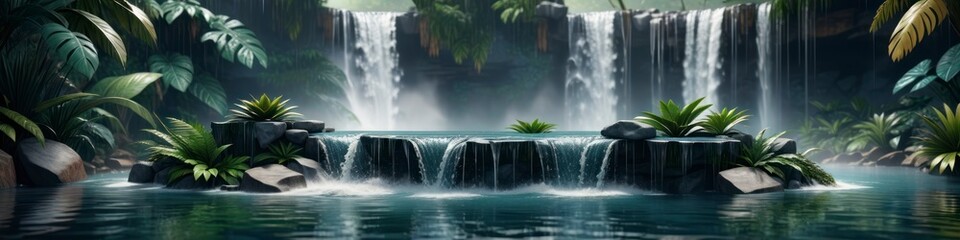 This abstract scene captures the essence of a summer retreat, with a product podium perfectly positioned before the refreshing mist of a tropical waterfall.