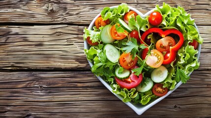 Fresh mixed salad in a heart-shaped bowl, featuring lettuce, cherry tomatoes, cucumbers, and bell peppers, on a wooden table