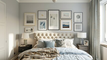 A bedroom gallery wall featuring art and photographs creates a focal point and adds visual interest.