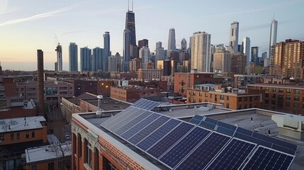 Bustling city skyline with solar panels on rooftops.