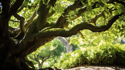 Majestic tree with twisted branches in a sunlit park, surrounded by lush greenery. A serene nature scene perfect for relaxation.