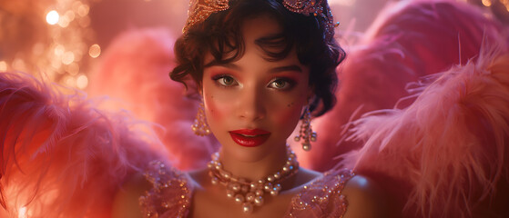 Obraz premium Theatrical Costume Of A Girl With Soft Wings. Illustration On The Theme Of History, Fashion And Glamour. Generative AI