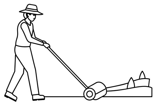 gardener mowing lawn black and white clip art preview