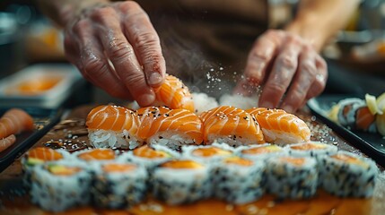Close up of a sushi chef’s hands skillfully slicing fish and preparing sushi rolls on a wooden board