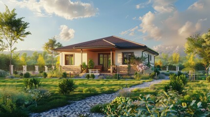 A bungalow house model with a single-story layout, cozy interiors, and a spacious front yard