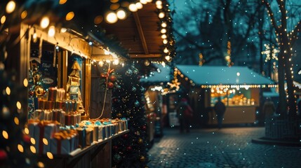 Christmas market stalls with twinkling lights.