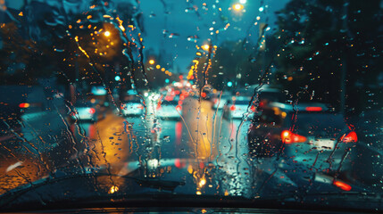 Urban Traffic Seen Through Rain-Speckled Car Windshield