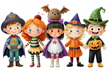 Adorable children dressed in Halloween costumes, standing in a row and smiling.