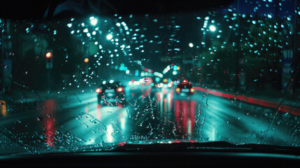 Urban Traffic Seen Through Rain-Speckled Car Windshield