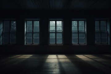 Moody, dimly lit room with five large windows casting soft light on wooden floor. Perfect for a cinematic, atmospheric setting.