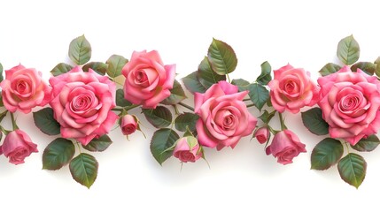 A narrow strip features realistic, bright pink roses with vibrant leaves arranged on a white background.