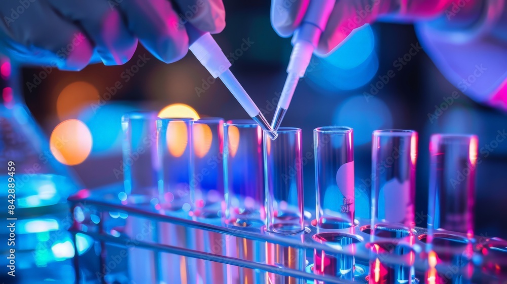 Poster a close-up of a hands pipetting samples into a row of test tubes.