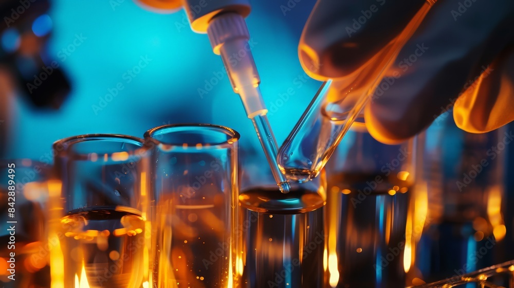 Poster a close-up of a hands pipetting samples into a row of test tubes.