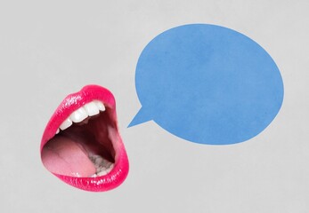 Collage creative illustration open speak 
 mouth communication